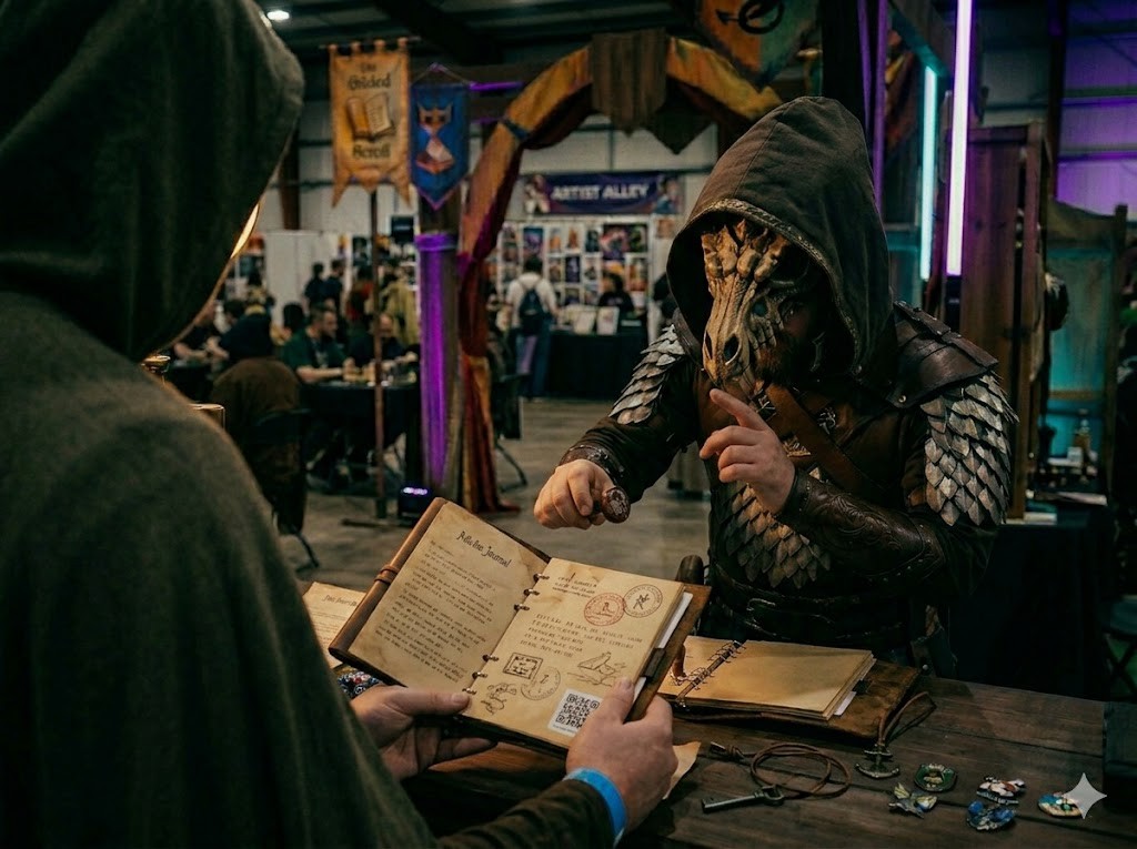 Participante a completar um desafio simples com um NPC, mostrando um Codex físico com missões, pistas e marcas.