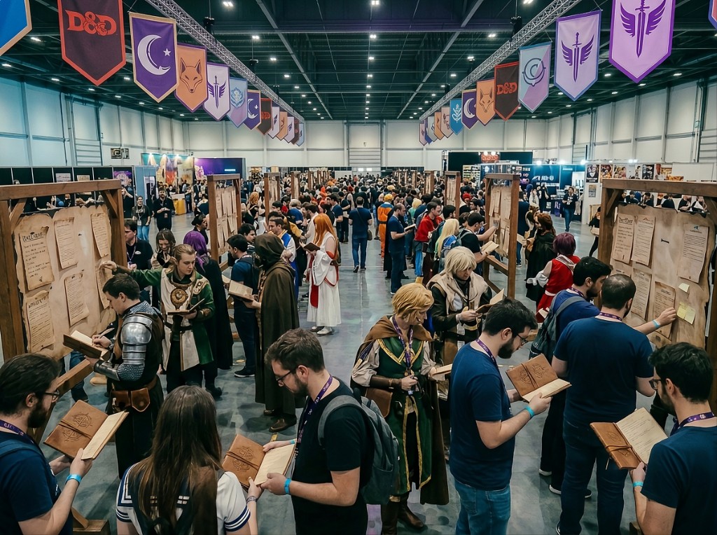 Multidão a interagir com NPCs e quest boards — sensação de que o público faz parte da história, não só a assiste.