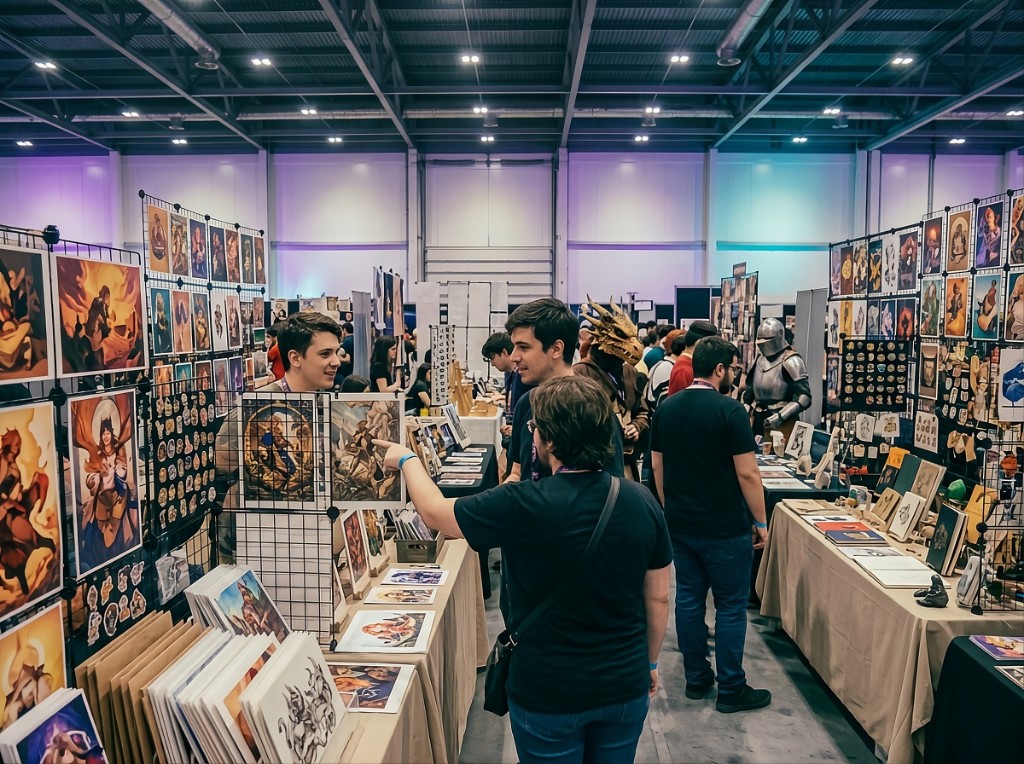 Corredor de stands de artistas com prints, crafts e ilustradores a conversar com visitantes — ambiente acolhedor e colorido.