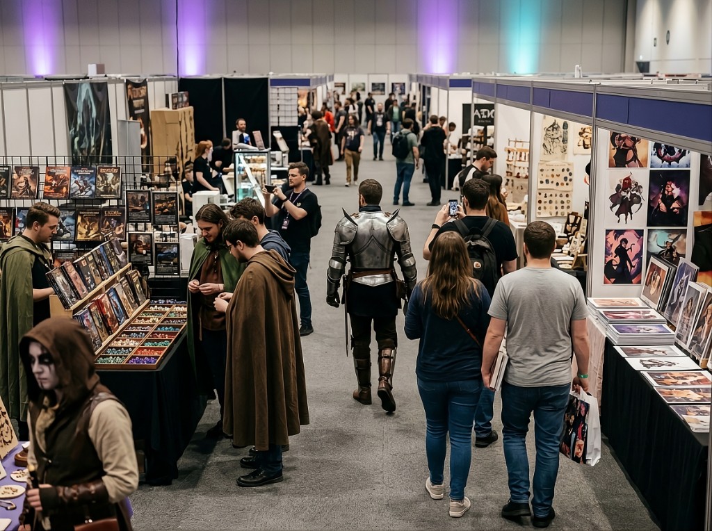 Participantes a passear entre stands, a tirar fotos com cosplayers e a absorver a estética do evento.