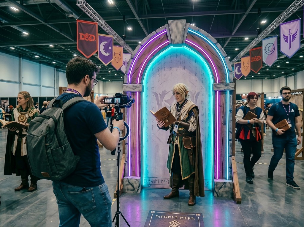 Creator a filmar uma interação com NPC ou cosplay num photospot — composição vertical-friendly para Reels/TikTok.