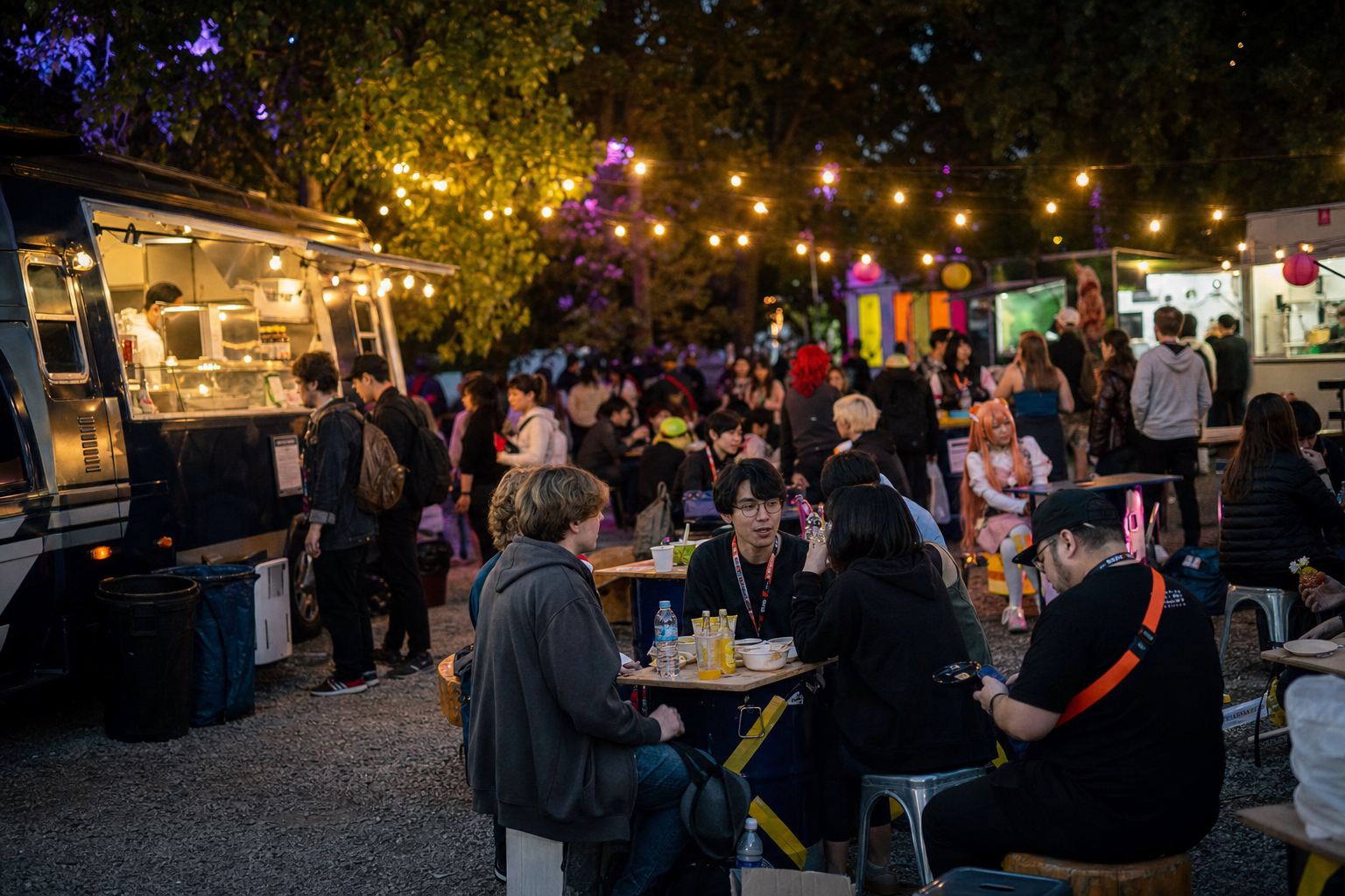 Food trucks e ilhas de street food com visitantes à fila — ambiente de festival geek, acolhedor e colorido.