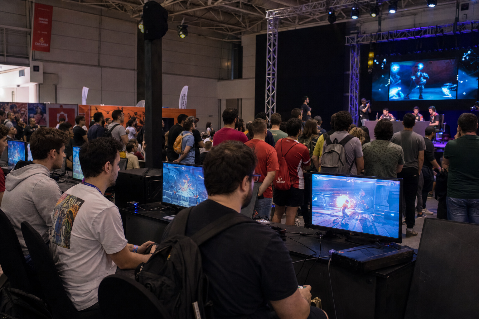Zona gaming com consolas, ecrã grande, jogadores em torneio e público a reagir a uma final.