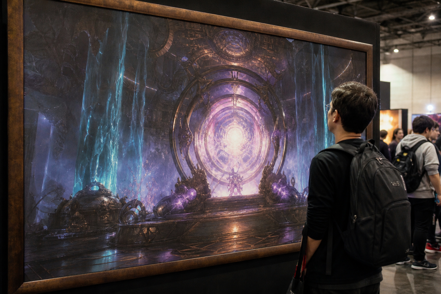 Ilustração key art do universo Nexus: portal de convergência, tecnologia antiga e magia, paleta violeta/cyan/brass.