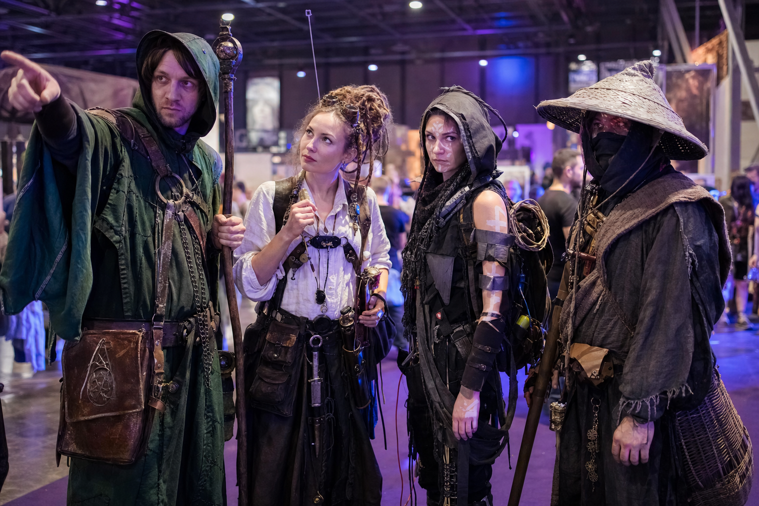 Retratos ou grupo de 3–4 NPCs icónicos em costume — expressões distintas, fundo do recinto desfocado.