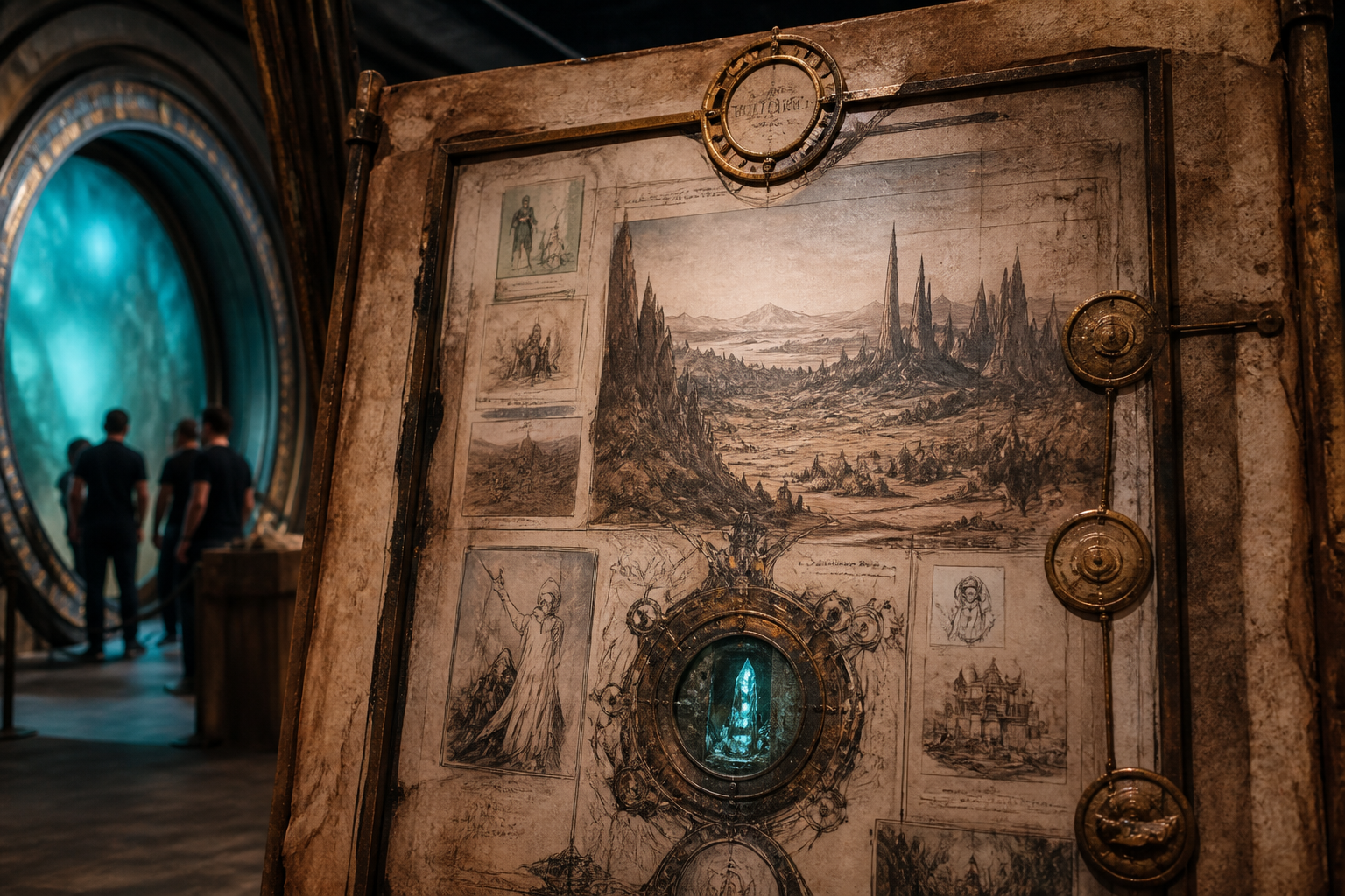 Ilustração key art do universo da Questória: dados cósmicos, mundos geek e luzes de festival.