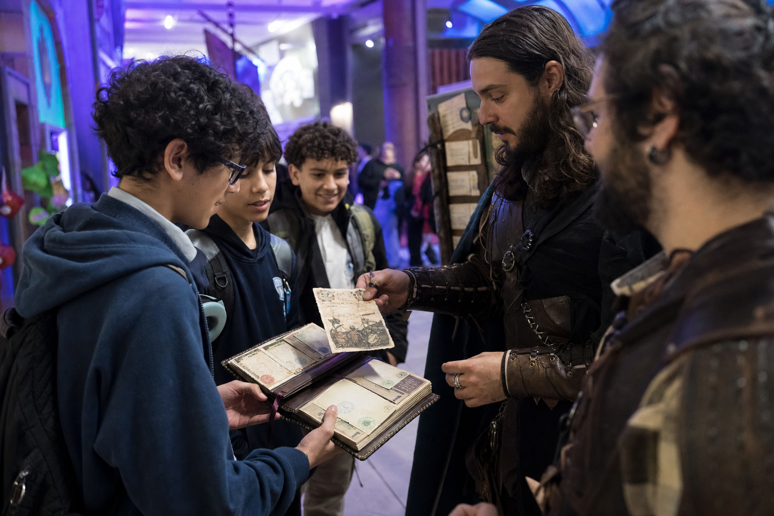 Grupo escolar num corredor animado do festival — mapas, coletes de embaixadores e zonas abertas para explorar.