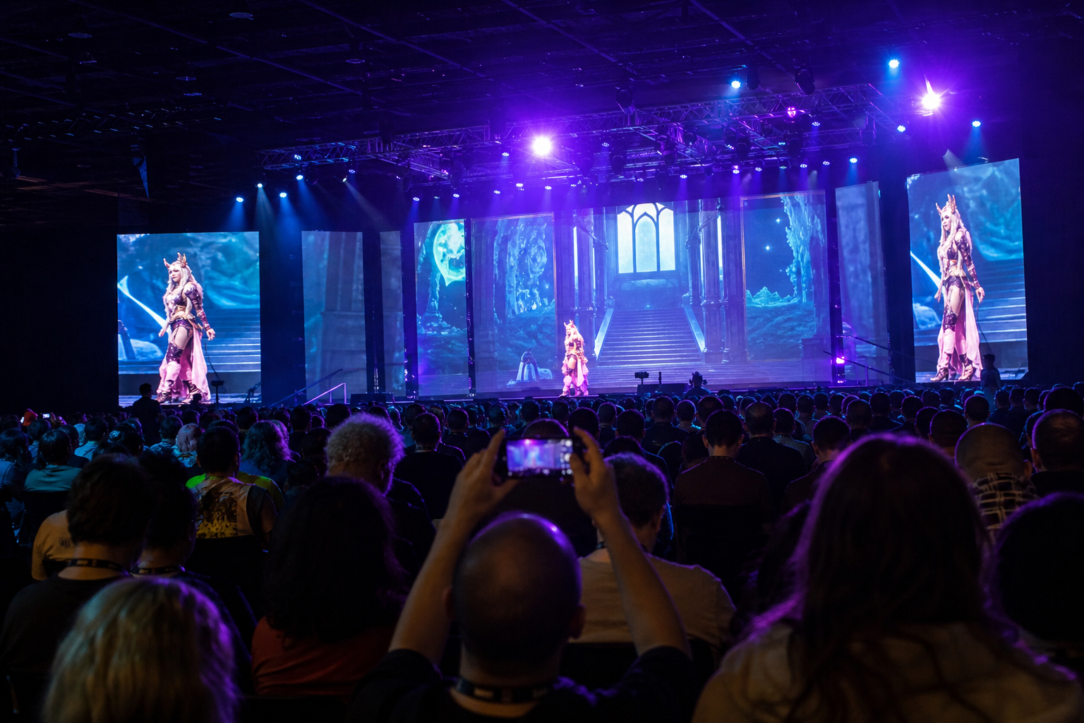Vista do palco principal com audiência, luzes e apresentador ou performer em ação — transmite energia do evento ao vivo.