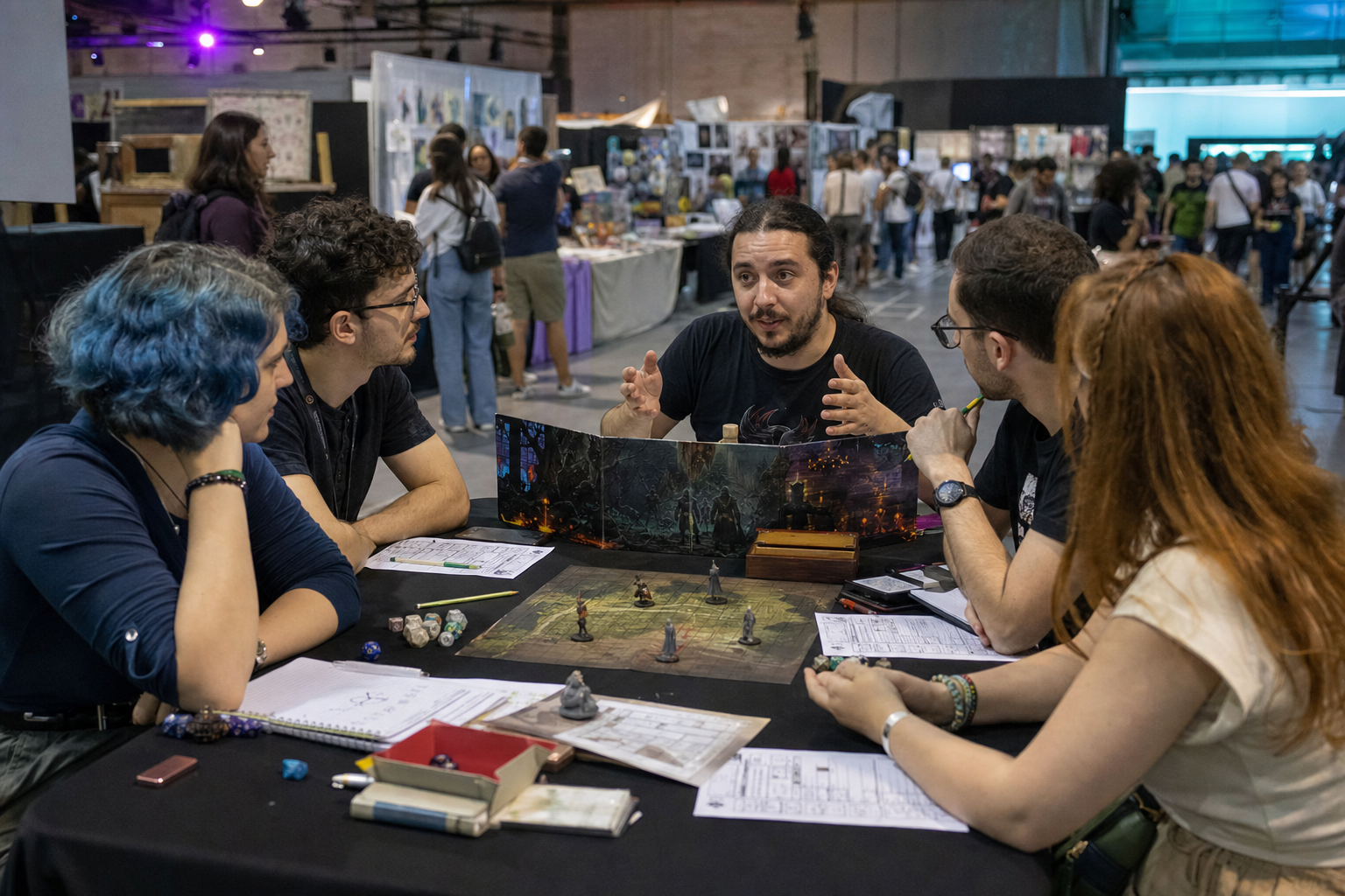 Mesa de RPG com dados, fichas, mestre de jogo e jogadores novos a experimentar uma aventura curta dentro do festival.