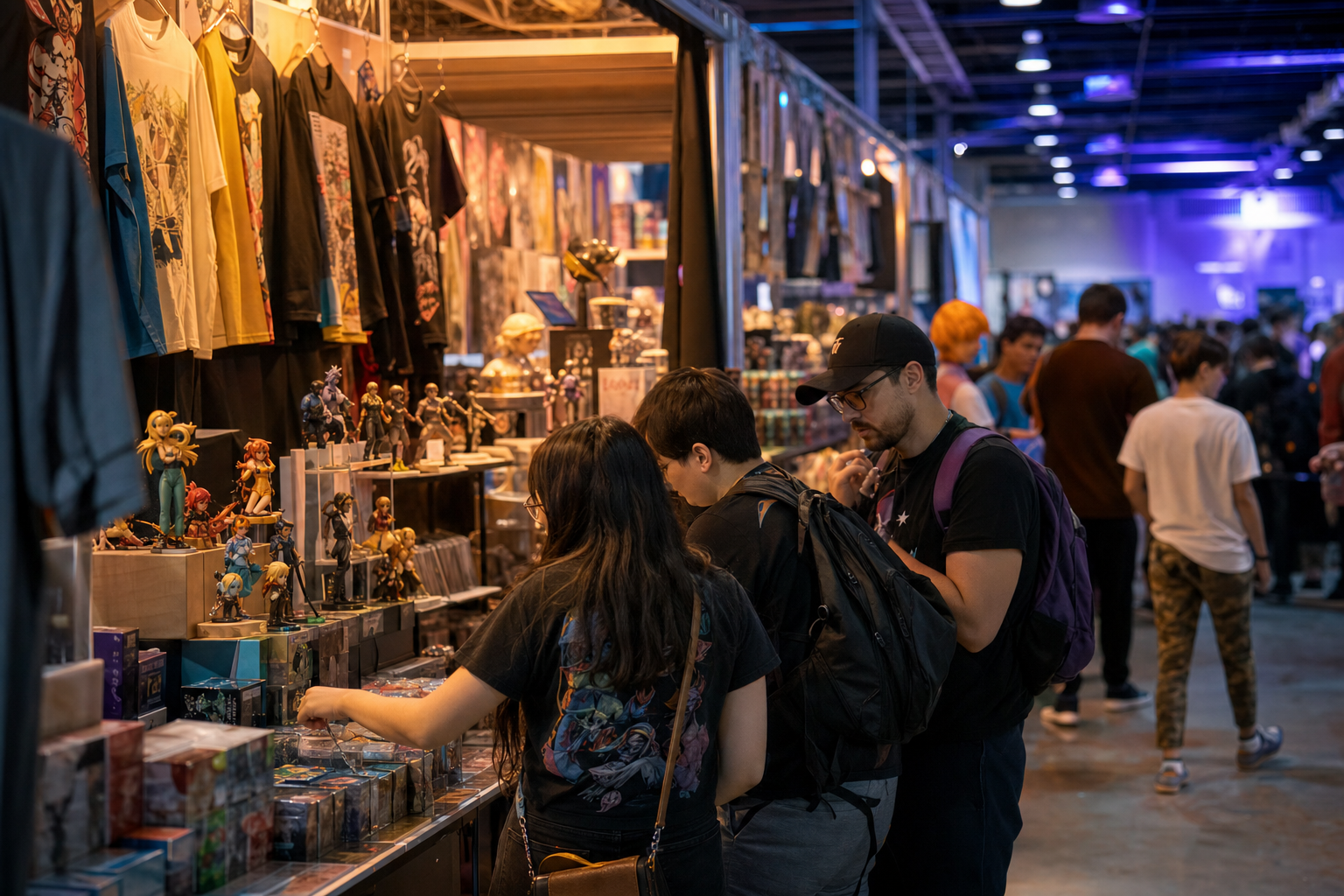Corredor de stands com lojas de merchandise, figuras e apparel — ambiente vibrante com visitantes a explorar produtos.