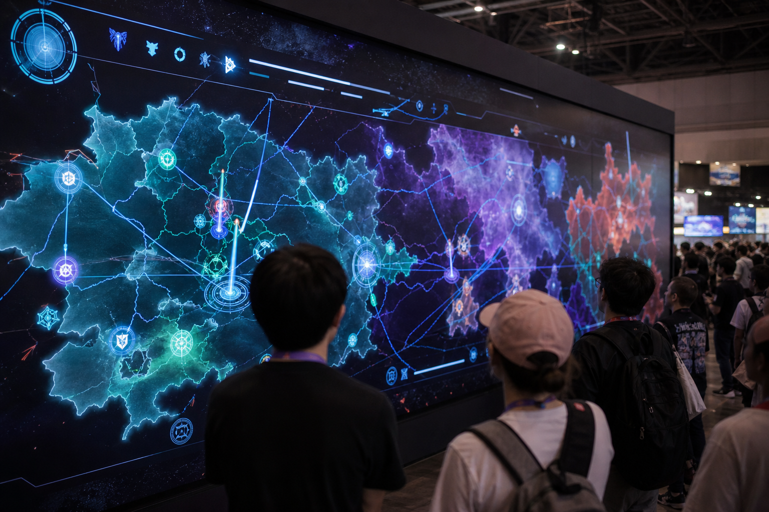 Painel visual estilo 'world state' — mapa estilizado do Nexus com indicadores de facções, objetivos e energia cyan em tempo real.
