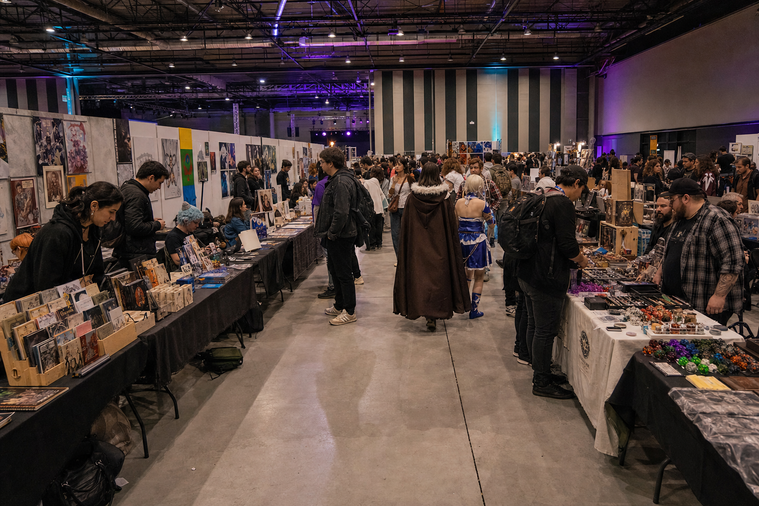 Vista ampla do recinto do Nexus: multidão em cosplay, luzes violeta/cyan, stands e um NPC em destaque a interagir com participantes. Sensação de festival geek vivo e acolhedor.