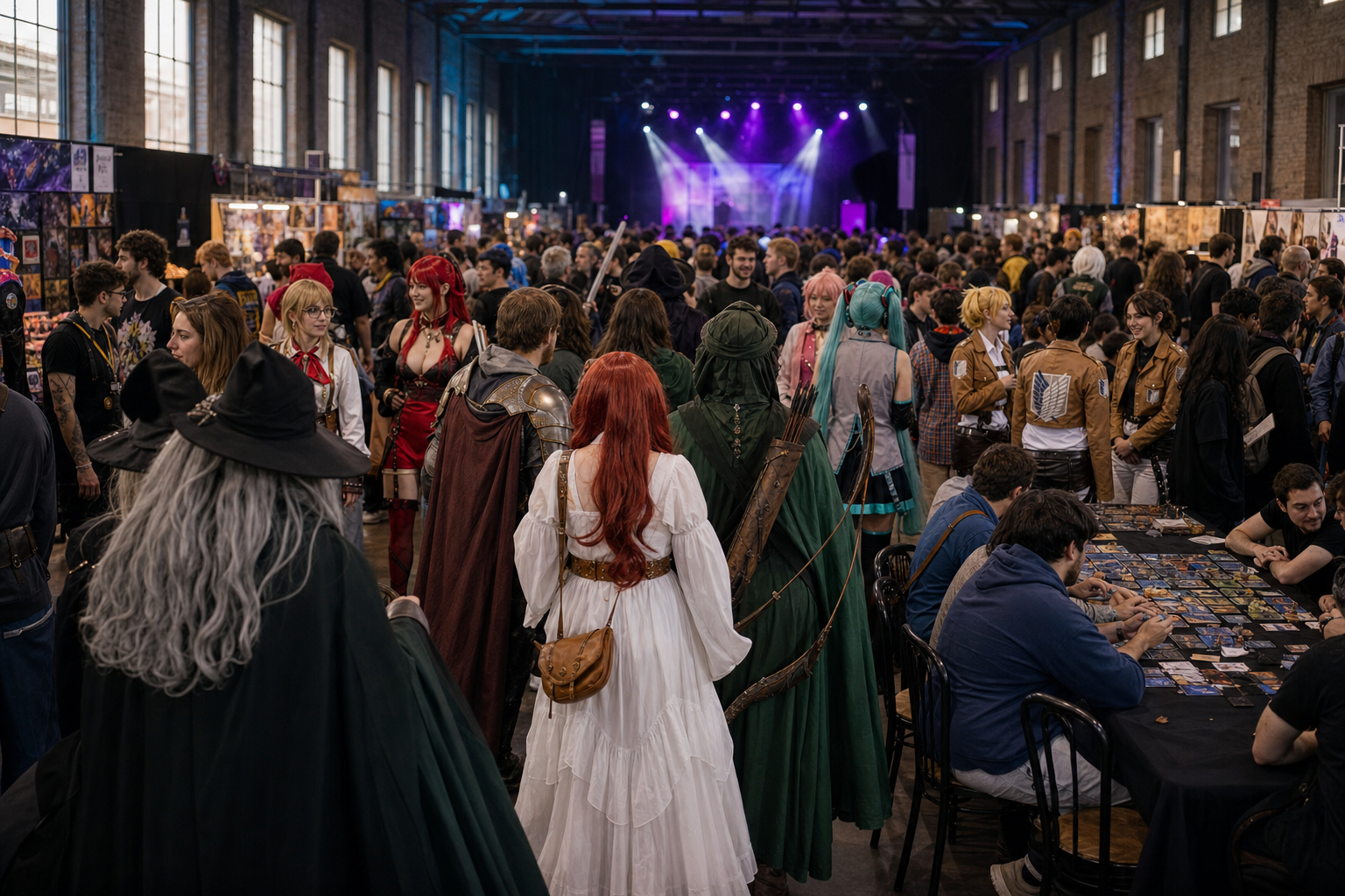Vista ampla do recinto da Questória: multidão em cosplay, luzes de palco, stands e visitantes a circular. Sensação de festival geek vivo e acolhedor.