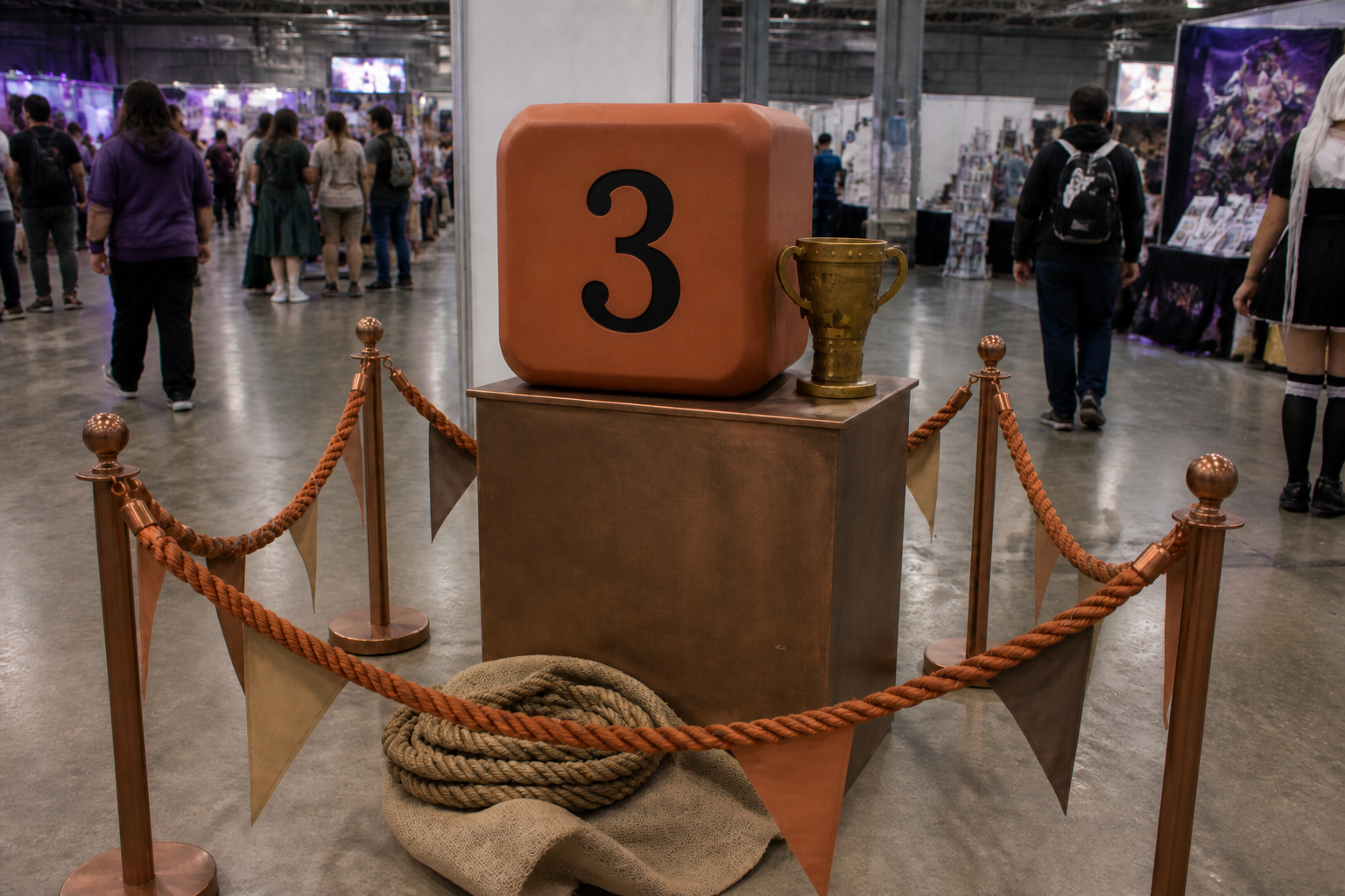 Dado foam grande face 3 em pedestal cobre no chão de betão do evento, stanchions com corda e pennants.