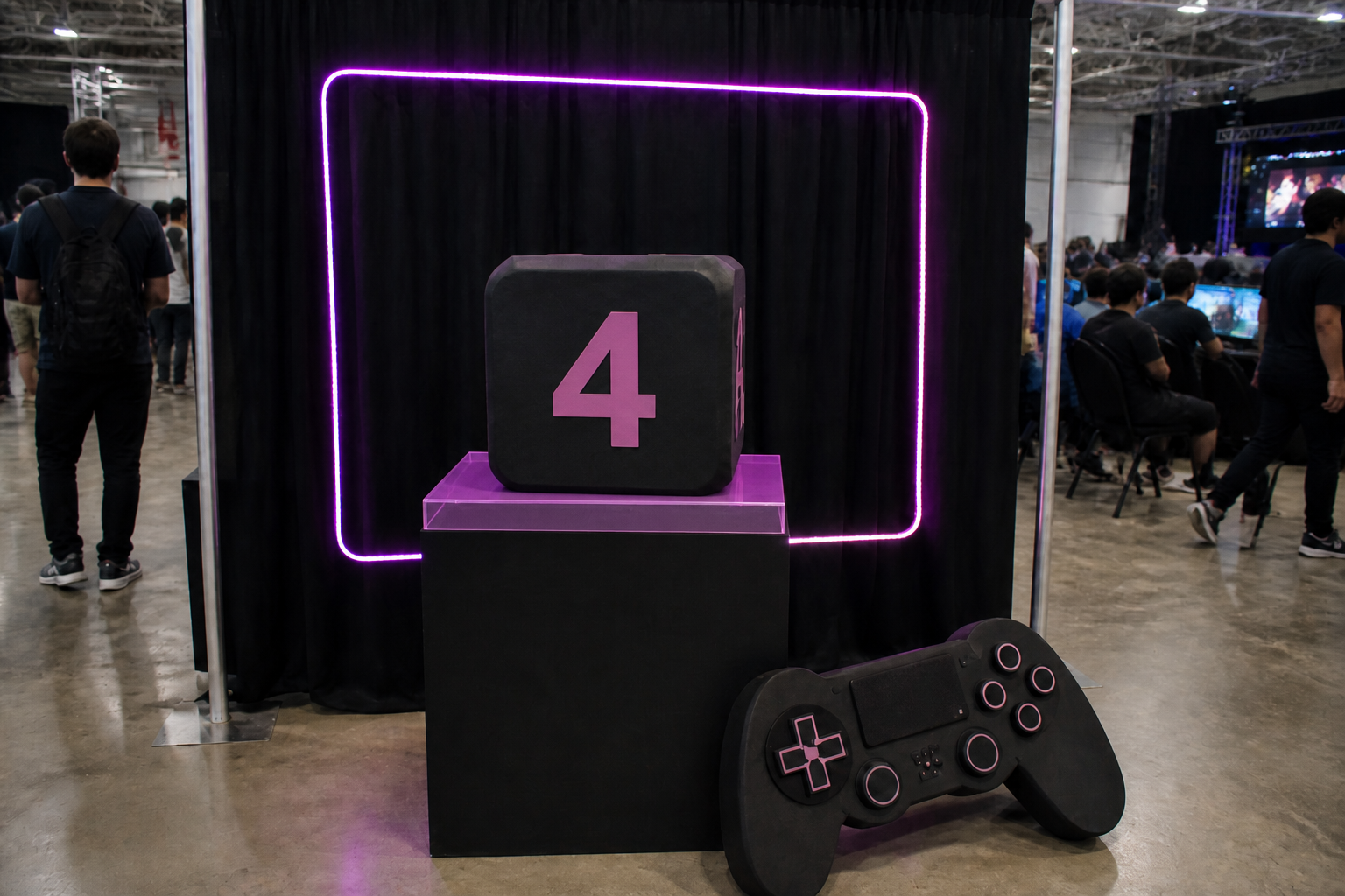 Dado foam grande face 4 em pedestal LED magenta, backdrop preto com neon e comando foam oversized no chão do evento.