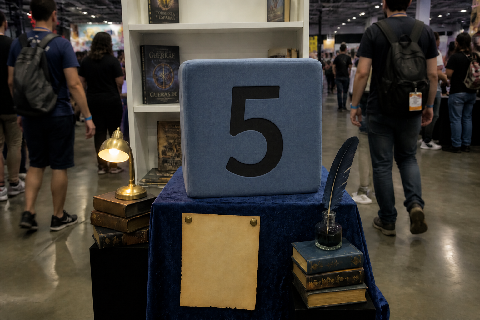 Dado foam grande face 5 em pedestal com velvet azul, livros faux laterais e candeeiro brass no chão do pavilhão.