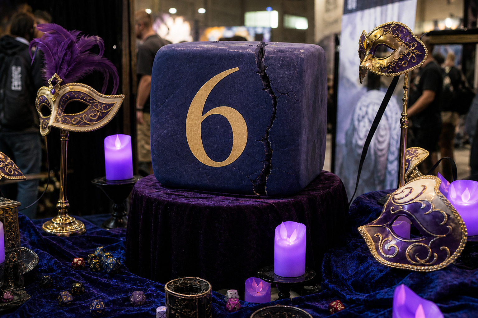 Dado foam grande face 6 com fissura, pedestal violeta, máscaras venezianas e velas LED.